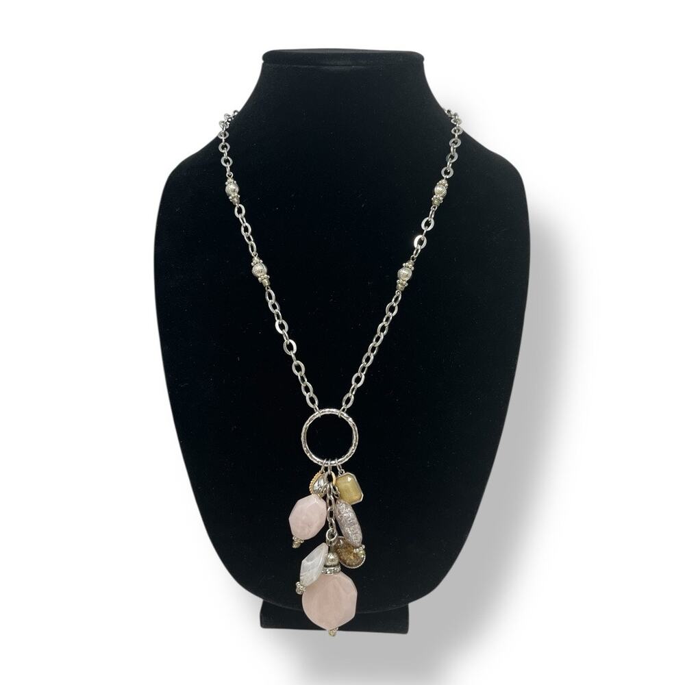 Chico’s Abilene Multi-Stone Charm Necklace Silver Tone 28” NWT